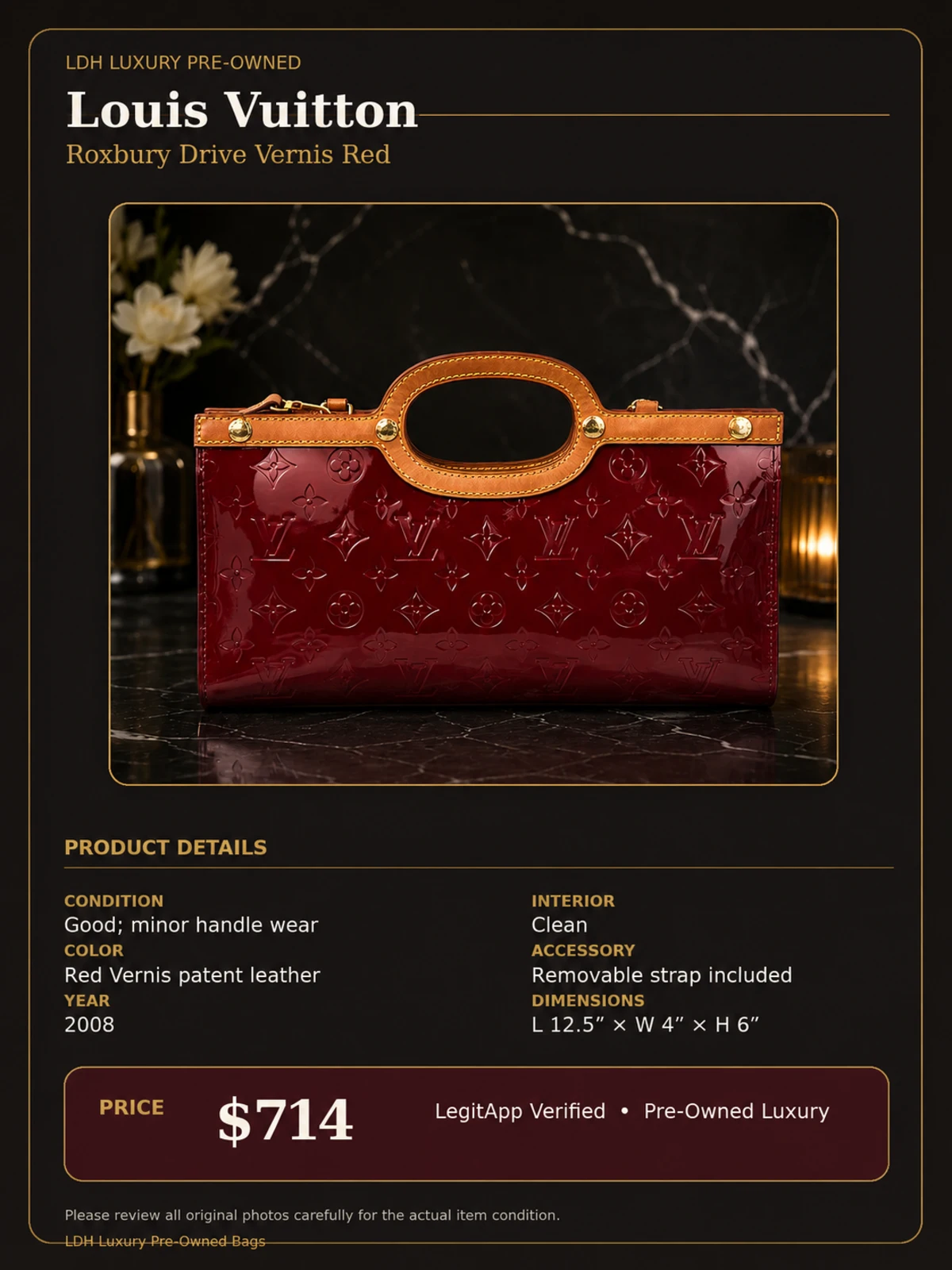 Louis Vuitton Red Leather Tote Bag Roxbury Drive Vernis