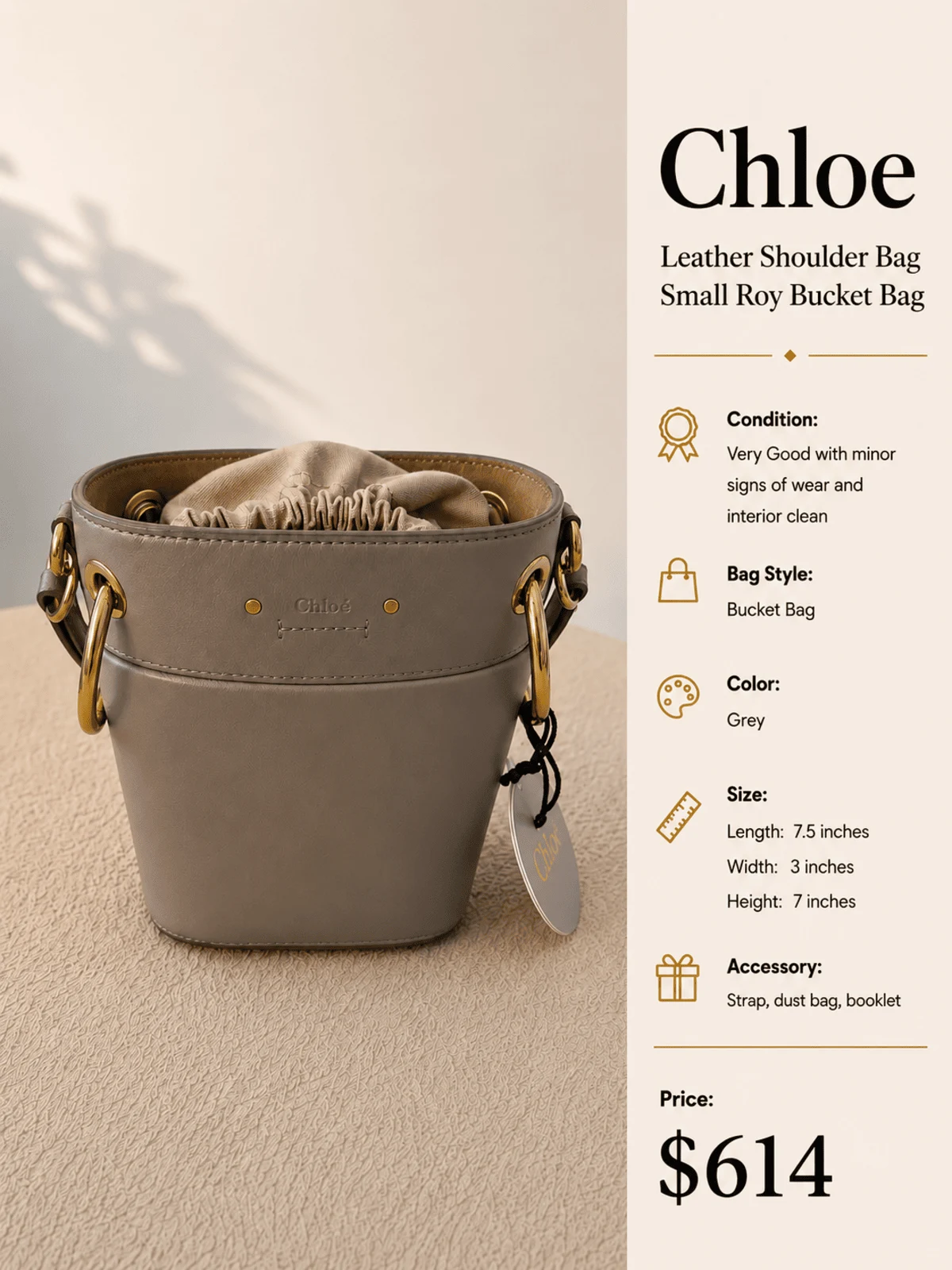 Chloe Grey Leather Small Roy Bucket Bag - Image 7