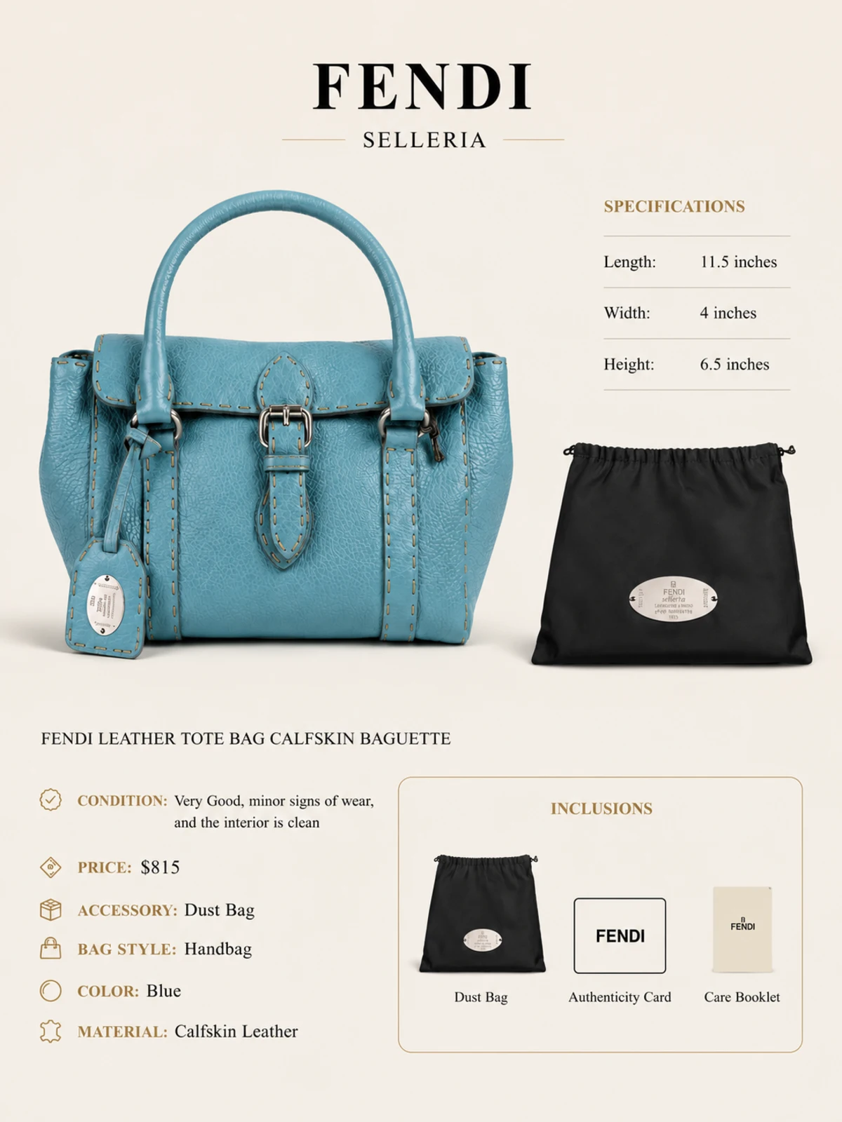 Fendi Blue Leather Tote Bag Calfskin Baguette