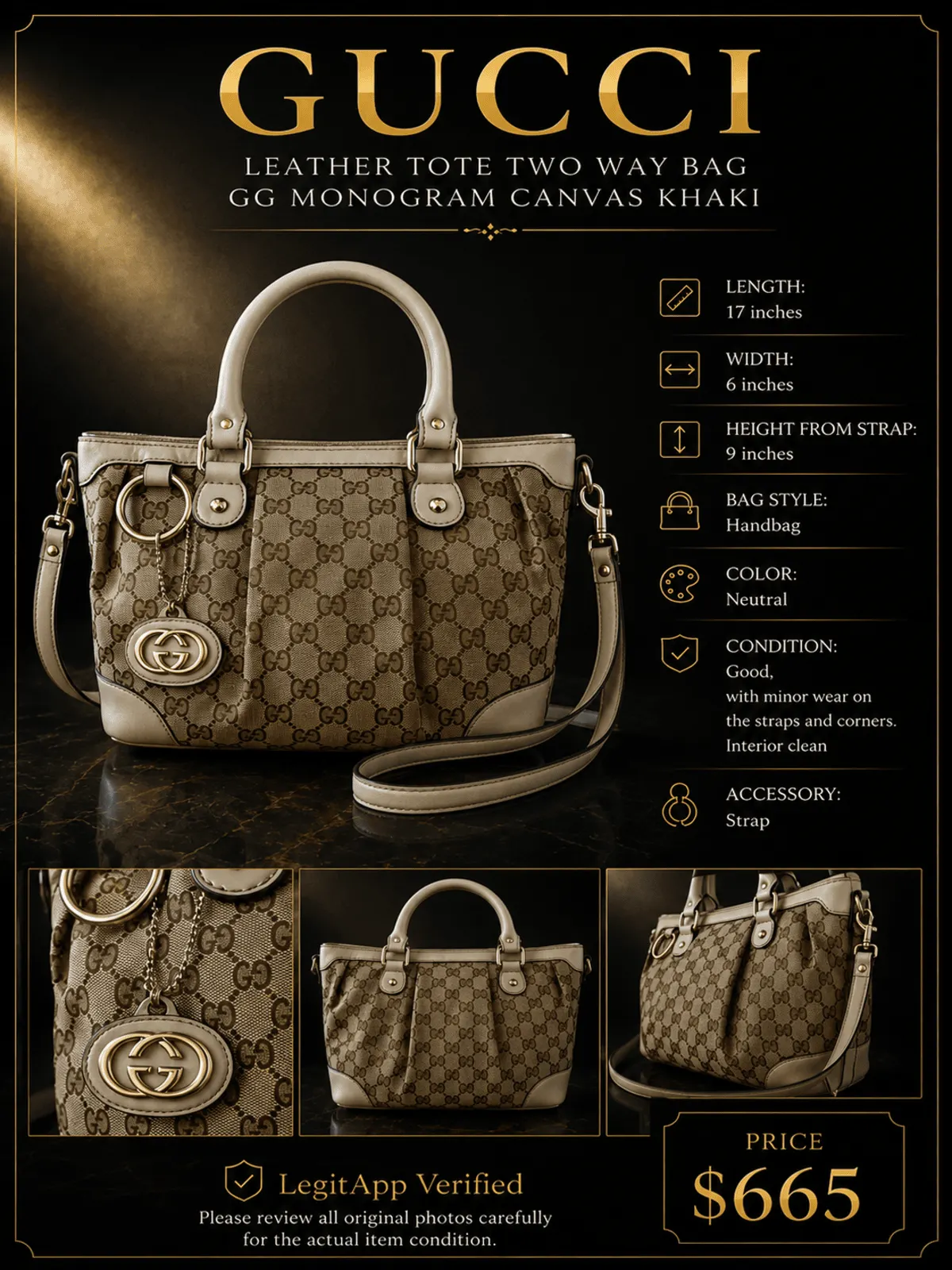 Gucci Khaki Leather Tote Two Way Bag GG Monogram - Image 7
