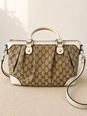 Gucci Khaki Leather Tote Two Way Bag GG Monogram