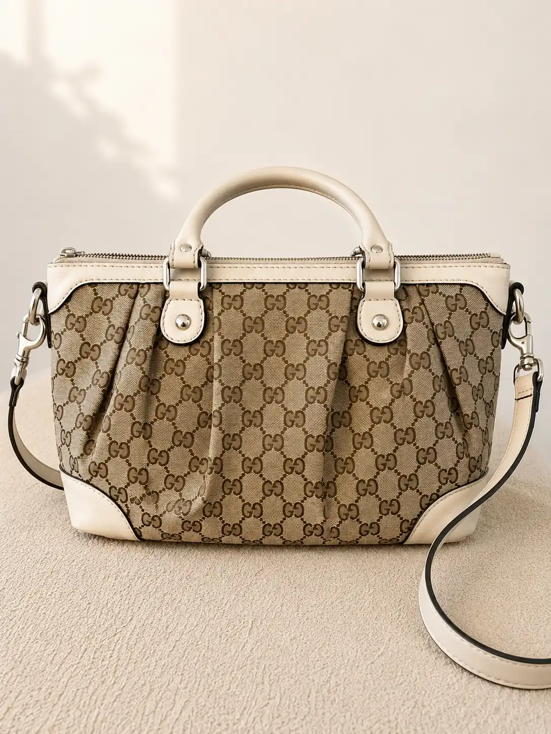 Gucci Khaki Leather Tote Two Way Bag GG Monogram