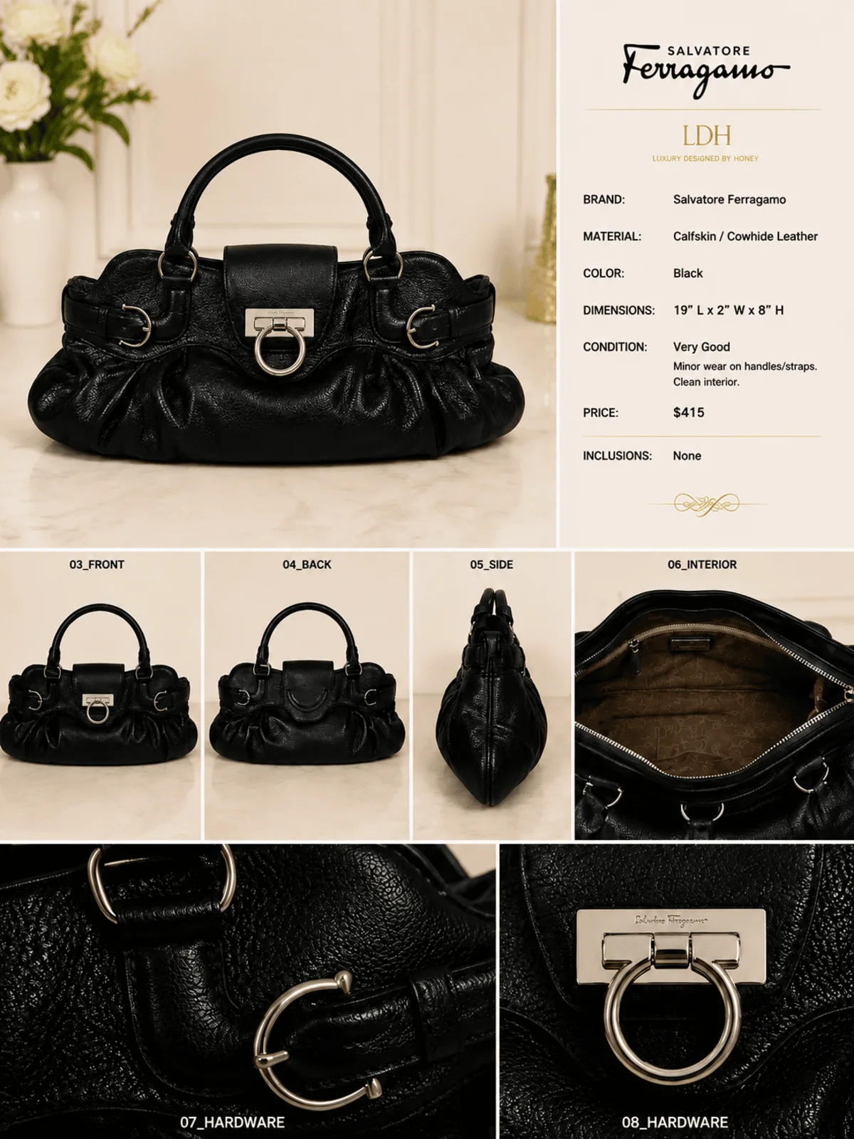 Salvatore Ferragamo Black Leather Tote Bag Calfskin - Image 7