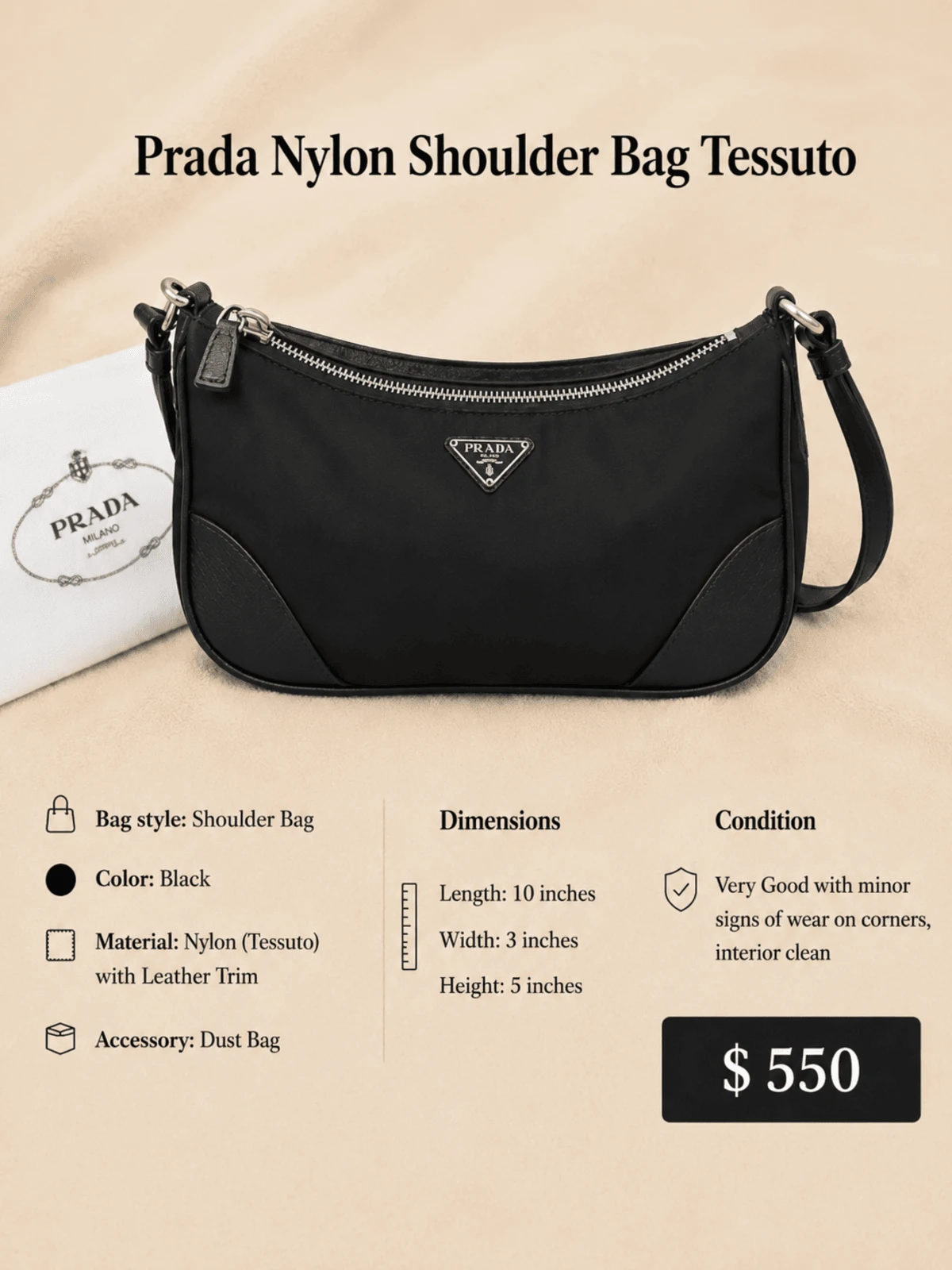 Prada Black Nylon Shoulder Bag Tessuto - Image 5
